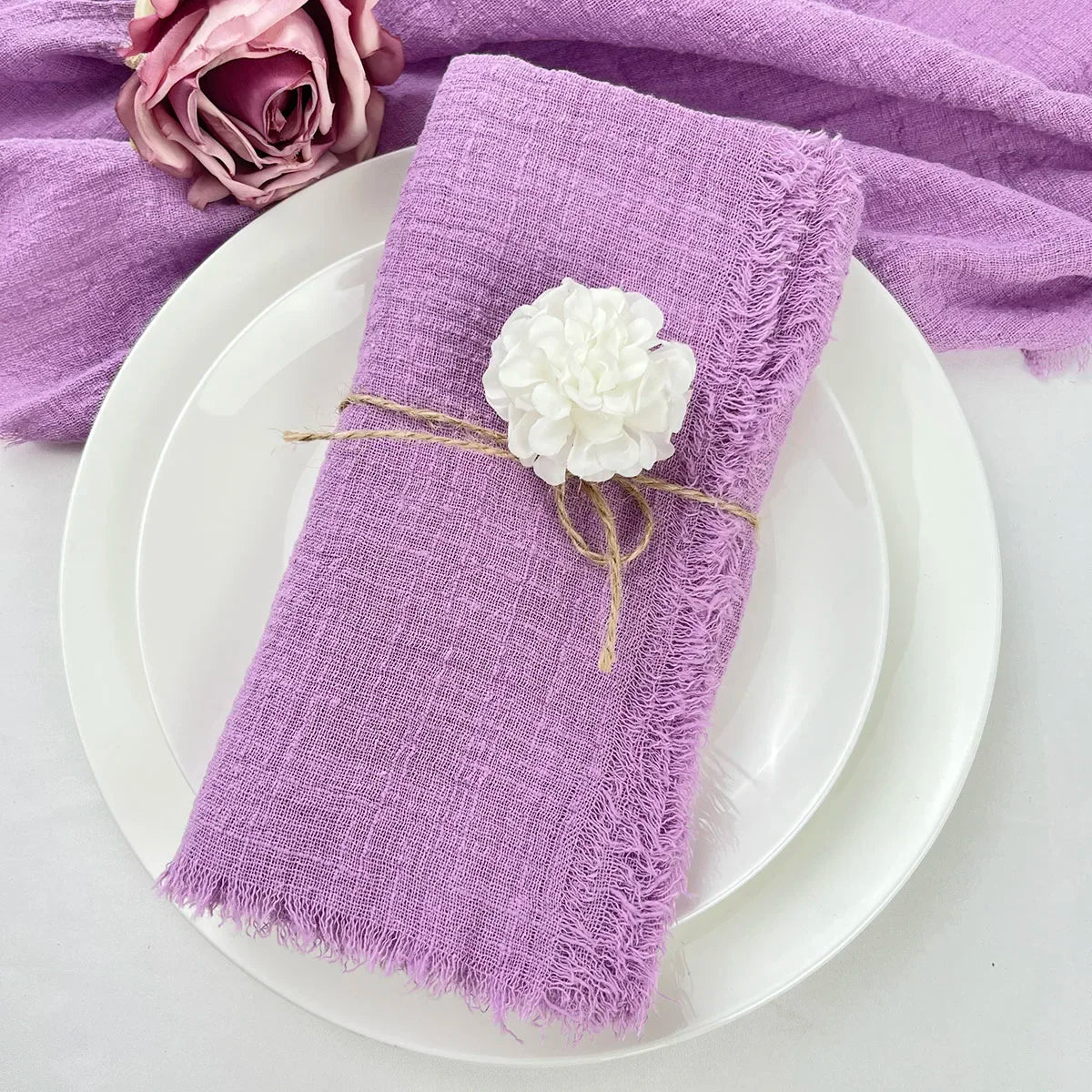 10pcs 32x32cm Gauze Cotton Wedding Napkins Reusable Green Trim Tea Towel Rustic Retro Burrs Napkins for Party Table Decoration