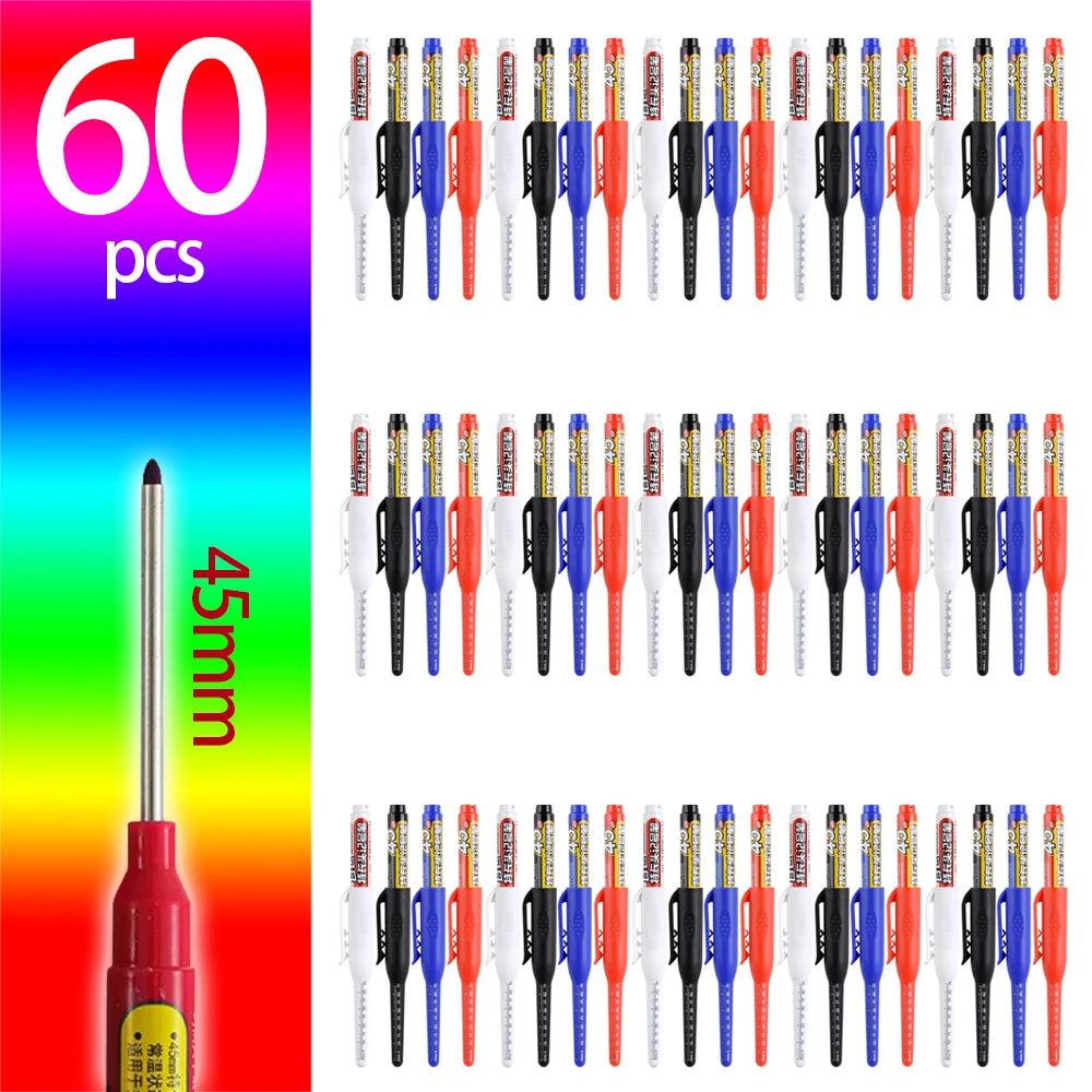 4-60Pcs 45mm Long Nib Head Carpenter Pen Deep Hole Marker Pens Black/Blue/Red/White for Measuring Woodworking Hand Tools