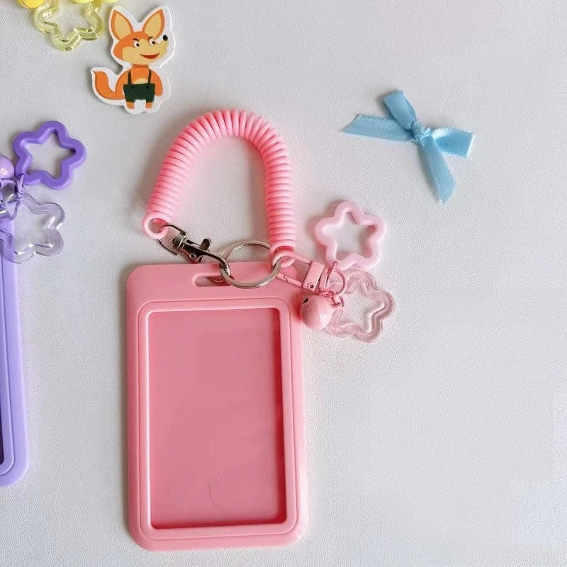 Cute Simple Protective Card Holder with Keychain Colorful Star Retractable Spring Lanyard ID Card Photo Postcard Holder Charms
