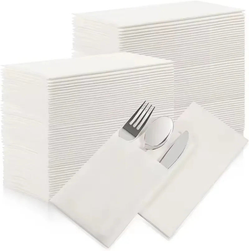 25/50PCS White Prefolded Paper Napkins Built-in Flatware Pocket Disposable Dinner Paper Napkins Christmas Wedding Party Supplies
