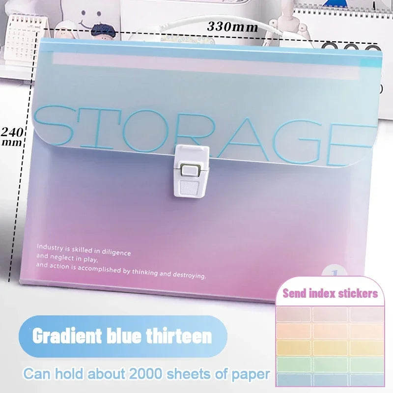 Kawaii Gradient Color A4Portable Accordion Bag 13layer Folder Student Test Paper Storage Bag Large Capacity Information File Bag