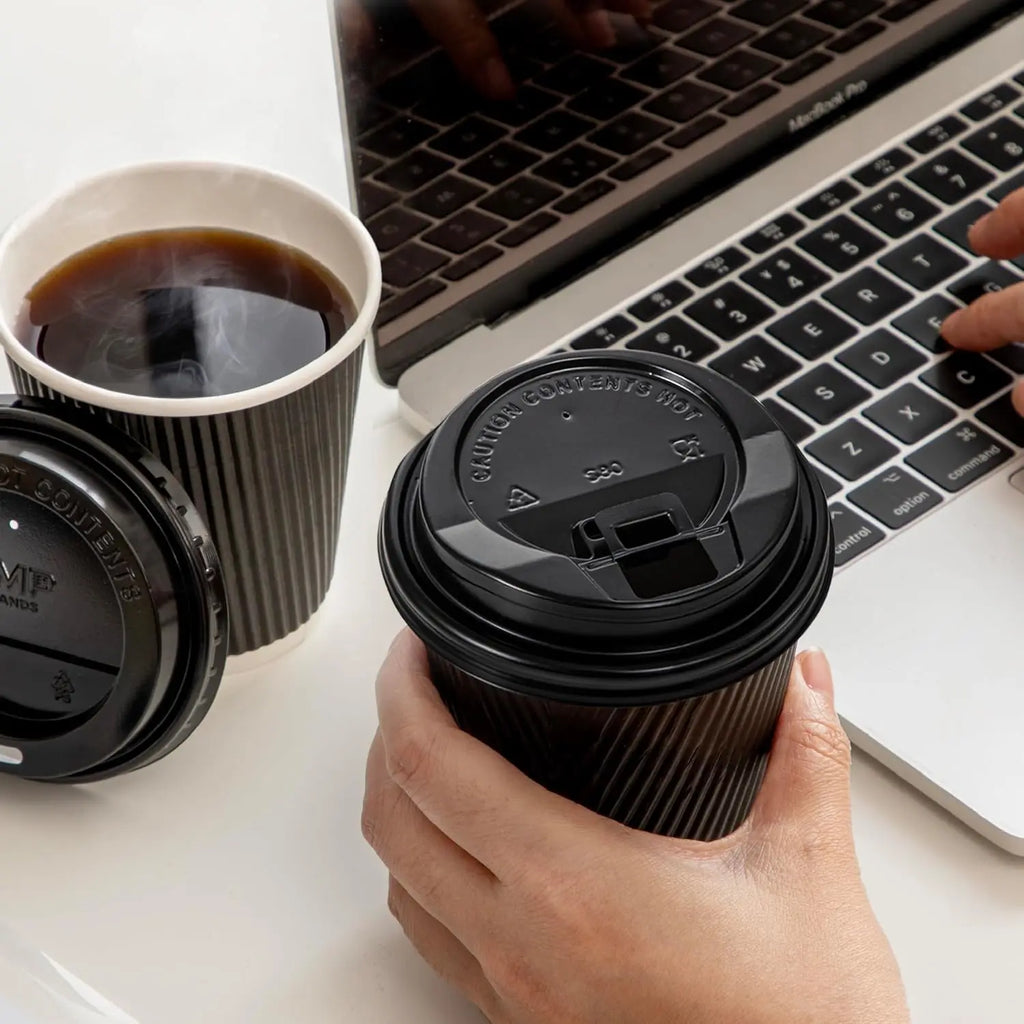 12OZ Black Disposable Coffe Cups with Lids Corrugated Triple Wall To Go Hot Cups Insulated Paper Cups for Hot Drinks Home Office