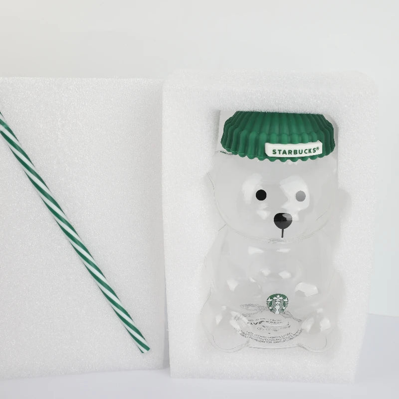 Starbucks Bearista Bear Clear Glass Tumbler 591ml 20oz Green Lid With Straw Cold Water Iced Coffee Home Café Gift