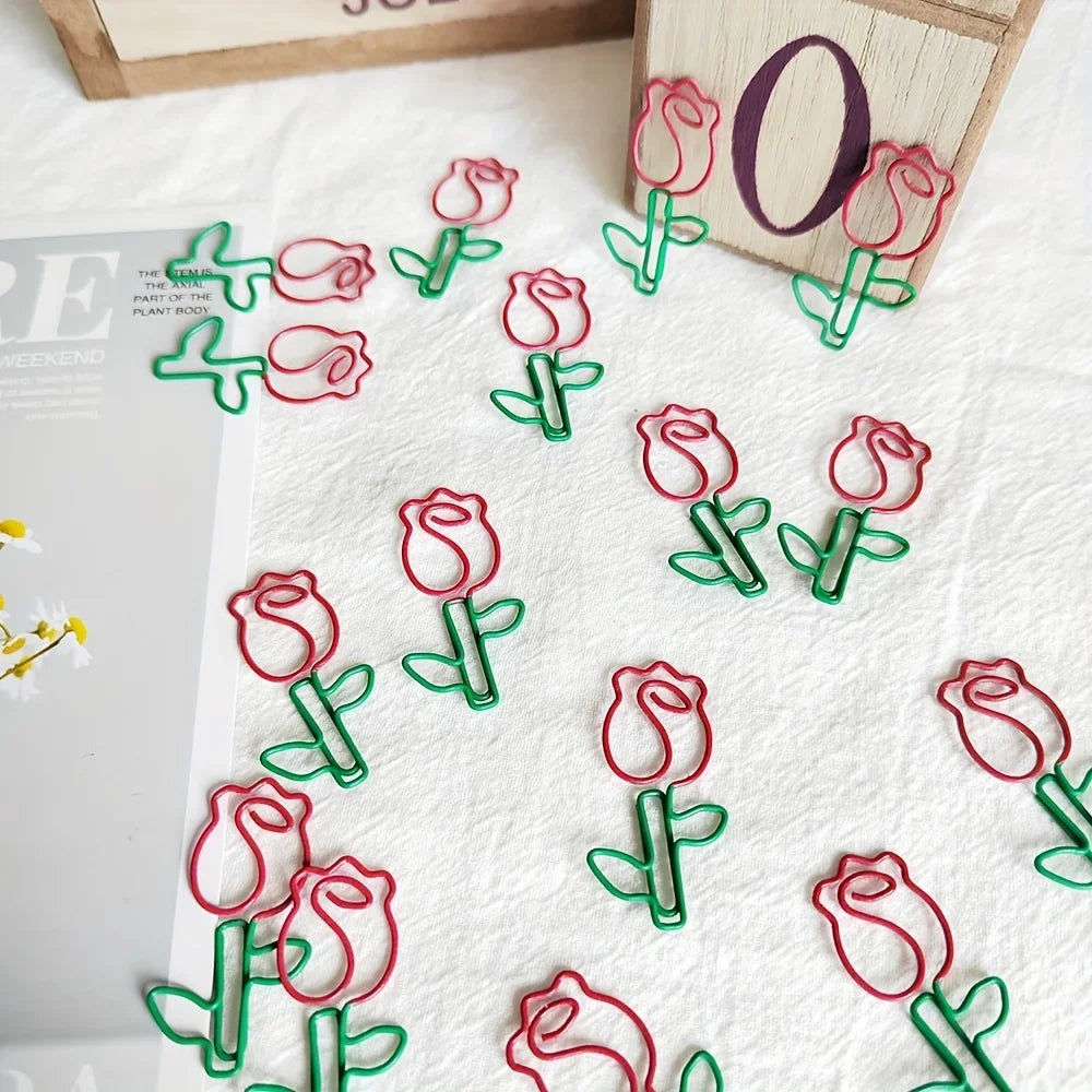 10/20pcs Rose-Shaped Metal Paper Clips Cute Floral Design with Green Leaves Red Flowers Scrapbooking Office School Supplies