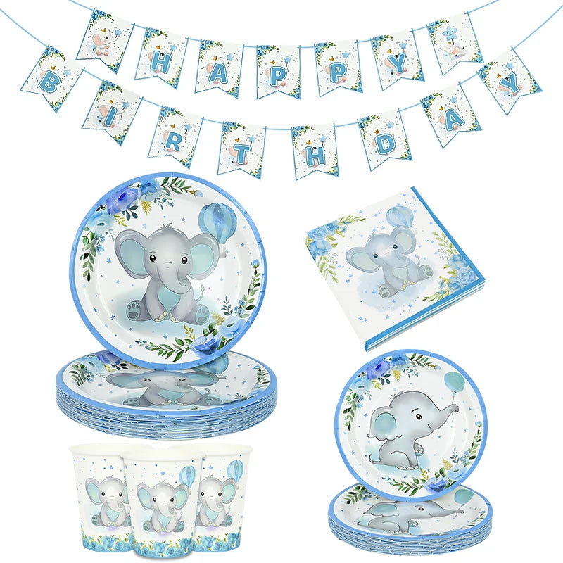 Cartoon Baby Elephant Disposable Tableware Set Paper Plate Cup Napkin Kids Boys Birthday Party Decoration Baby Shower Supplies