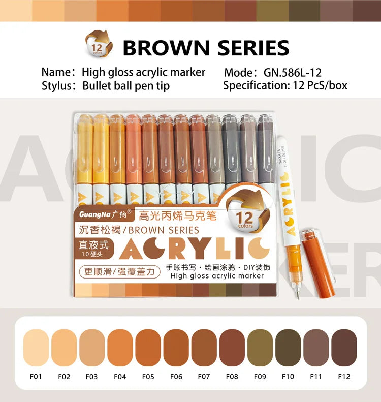 GuangNa 168/12 Colors High Gloss Acrylic Marker Pen Set,Hard Headed Drawing Pens,DIY Graffiti Paint Pen Stationery,GN.586
