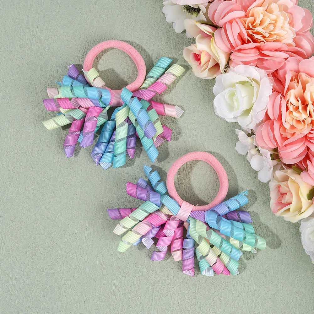2Pcs Trendy Firework Hair Ties Rainbow Curly Ribbon Elastic Rubber Bands For Girls Kids Cute Hair Ropes Daily Hair Accessories