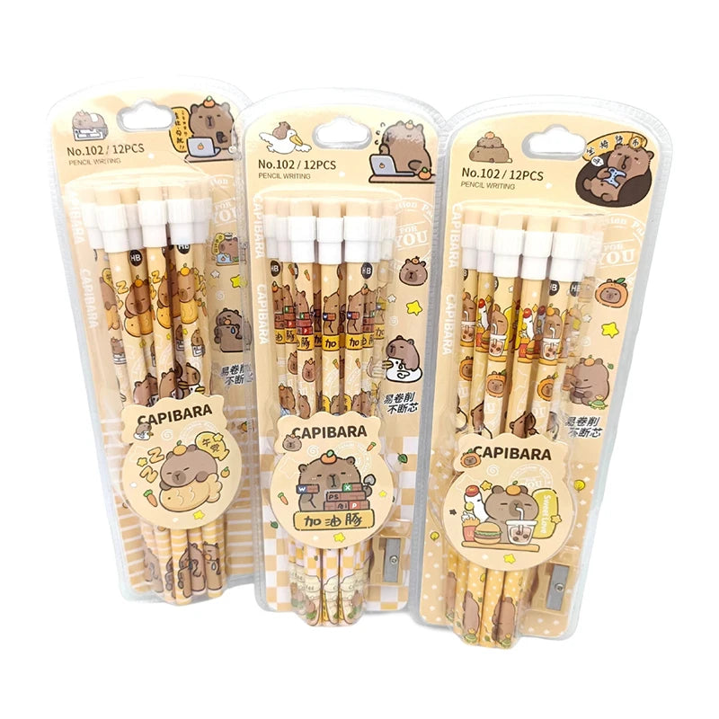 12pcs Cute Cartoon Capybara HB Pencils Stationery Set With Pencil Sharpener School Students Stationery Gift
