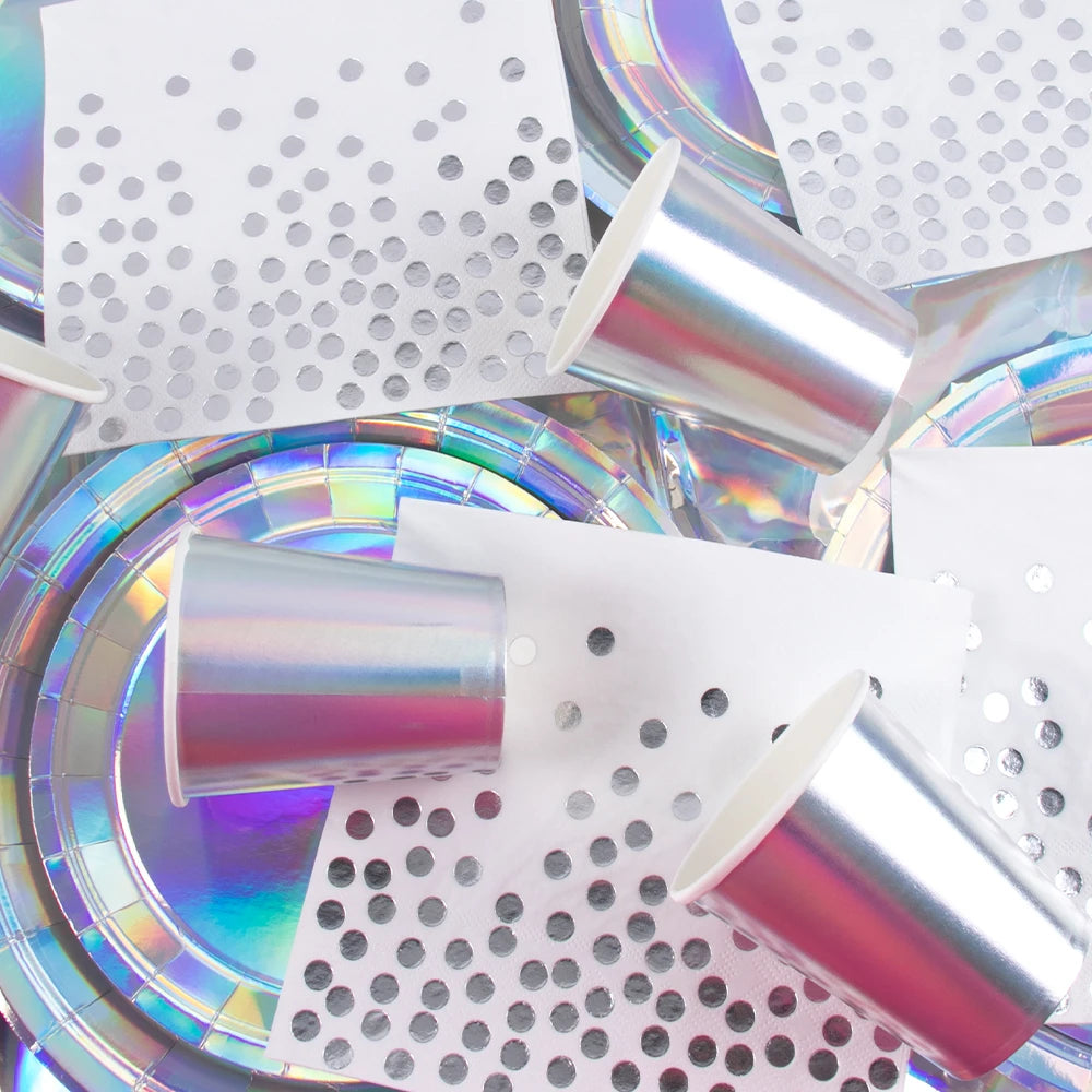 Silver Laser Paper Disposable Tableware Set Dinner Paper Plate Cup Napkin Tablecloth for Birthday Party Retirement Wedding Party