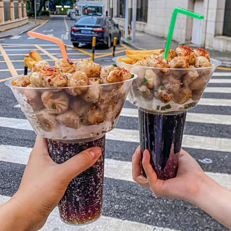 2PCS 2In1 Drink Snack Cup Bowl Bubble Milk Tea Fruit Portable Cups Stadium Tumbler Desserts Fondue Coke Water Bottle Adults Kids