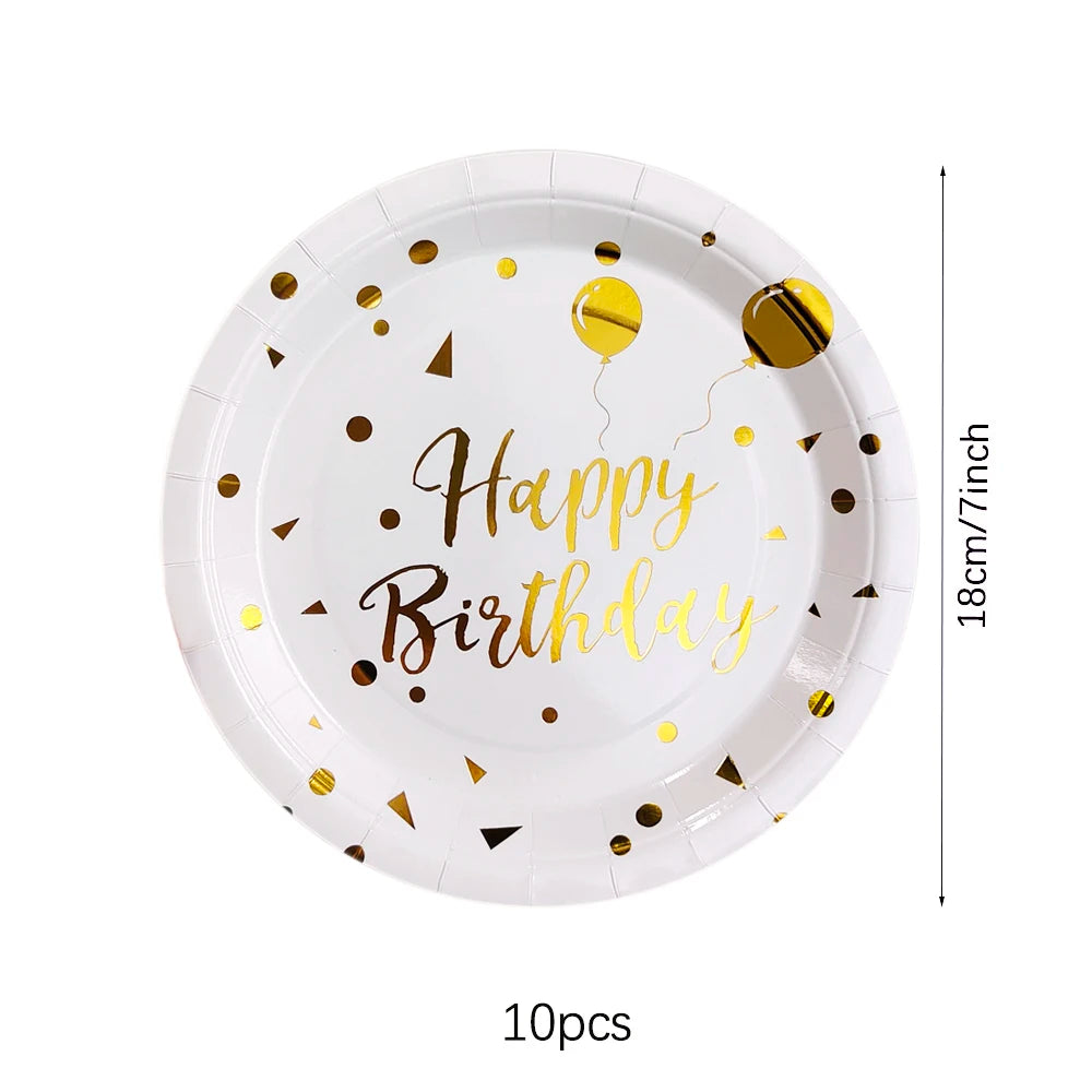 White Gold Birthday Disposable Tableware Polka Dots Paper Plate Cup Napkin Tablecloth Wedding Birthday Party Decoration Supplies