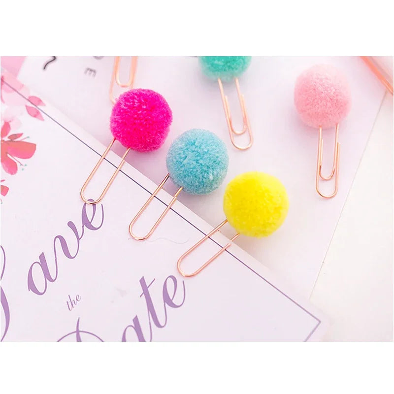 12Pcs/lot Kawaii Small Fresh Colored Hair Ball Paper Clip Decorative Candy Color Creative Bookmark Paper Clip