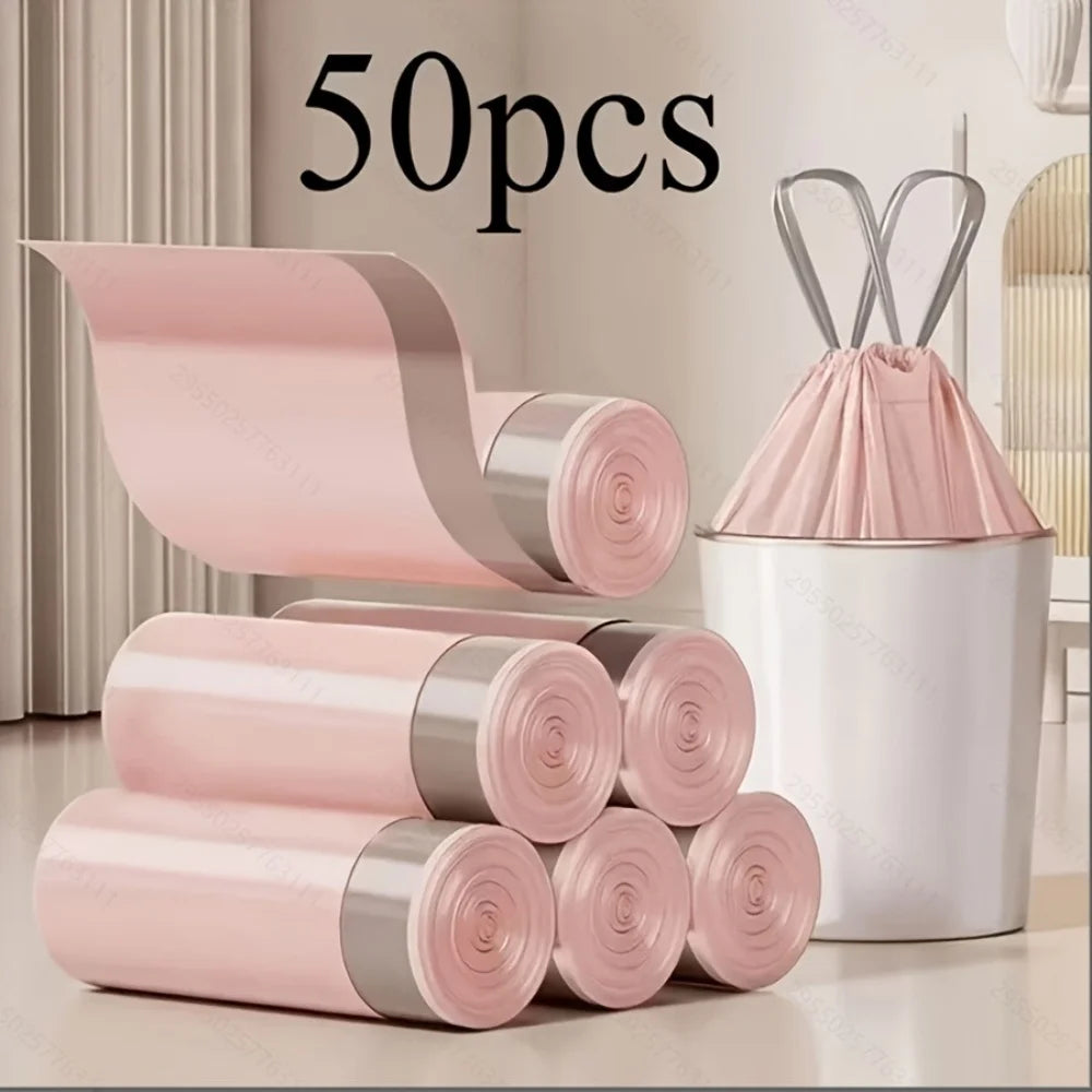 1Rolls/50pcs Extra Thick & Durable Drawstring Trash Bags Large, Portable Kitchen Waste Bags for Home Use
