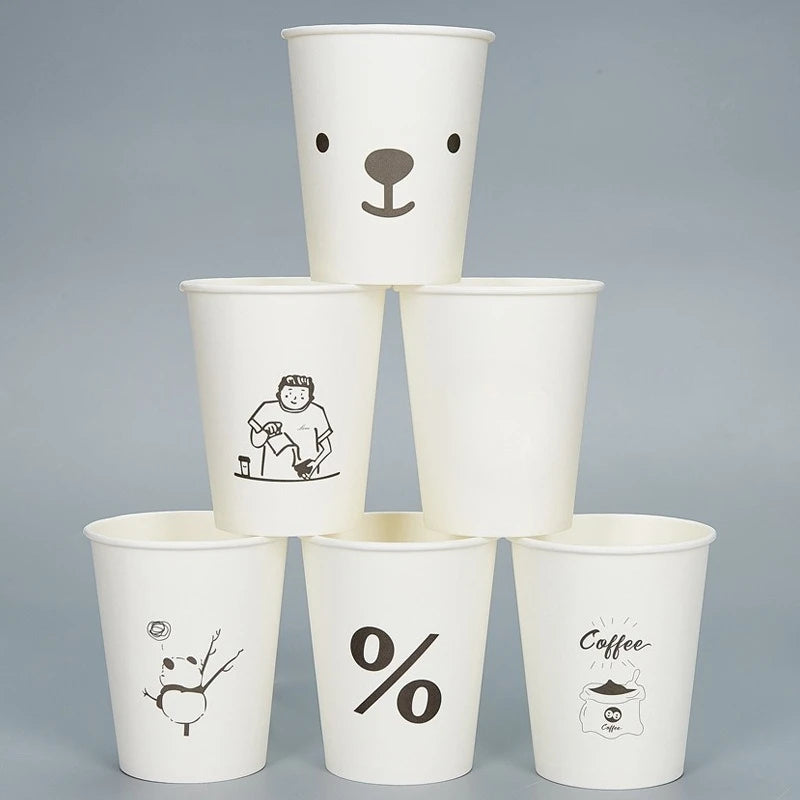 50pcs Disposable Cartoon Cute Cups White Thicken Durable Cups for Hot and Cold Drinks Household Party Office Coffee Cup