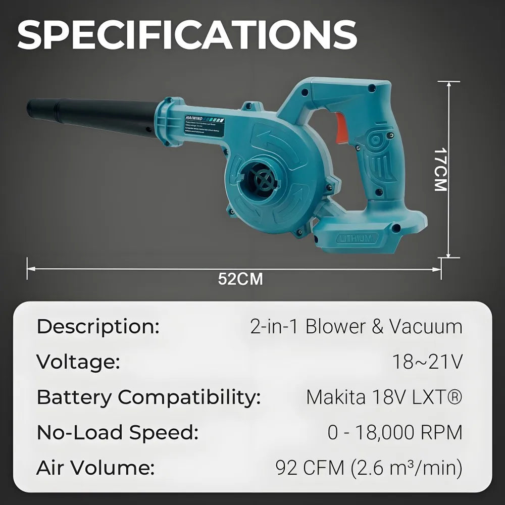 Cordless 2 in 1 Air Blower & Vacuum Cleaner, Leaf Dust Collector for Car, Computer, Garden, Compatible with Makita 18V/21V