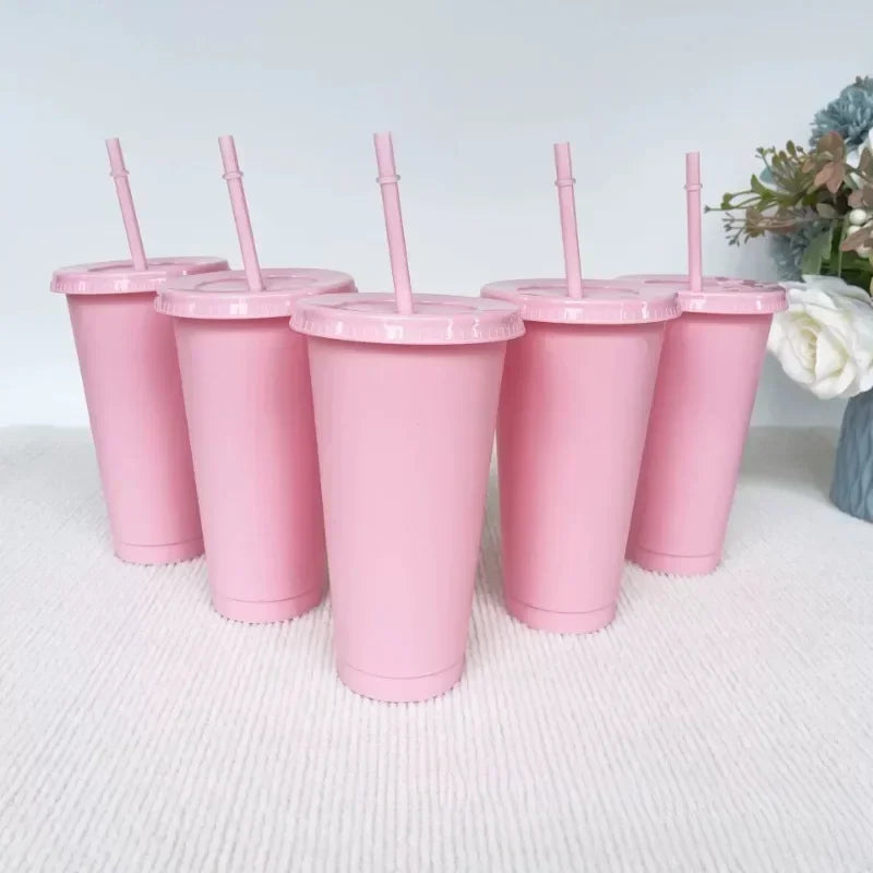 5pcs 24oz PP Colorful Straw Cup Large Capacity Milk Tea Cup for Iced Coffee Cold Drinks Travel Office Party
