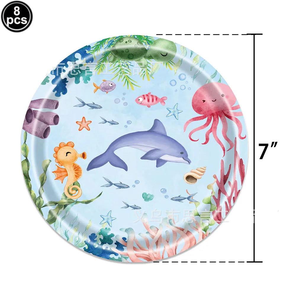 Ocean Animals Theme Disposable Tableware Plates Napkins Cup Paper Straws Whale Turtle Balloon Under The Sea Birthday Party Decor
