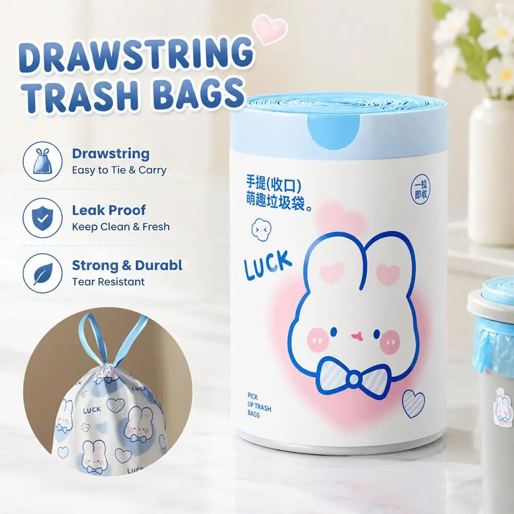 1 roll 100pcs blue rabbit garbage bag Portable Printed Thickened Garbage Bags, Stylish Blue Heart & Rabbit Drawstring Trash Bags