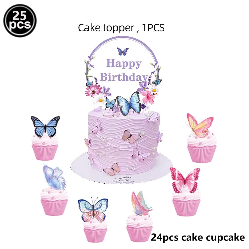 Butterfly Birthday Party Decoration Disposable Party Plates Cup Napkin Tablecloth Butterfly Knìfe Birthday Decoration Baby Showe