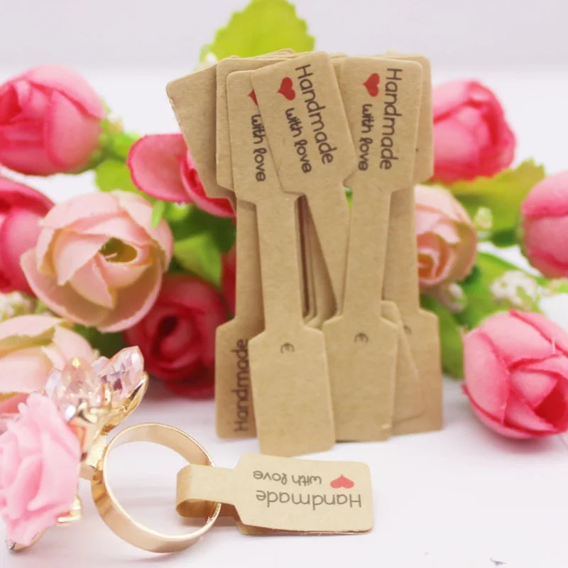 100PCS Multi Style Ring Folded Labels White/Kraft Handmade with Love Ring Price Labels Jewelry Tag Sticker Labels 6*1.2cm