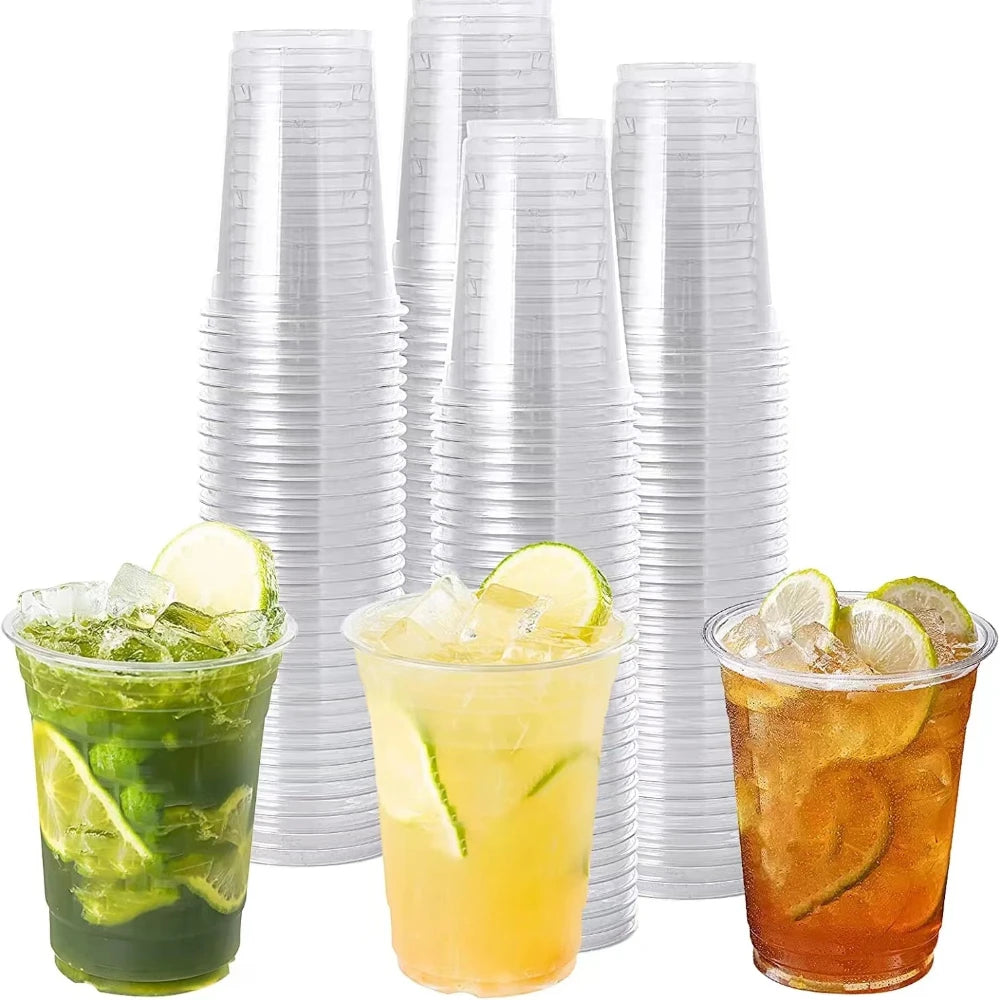 50PCS 16OZ Clear Plastic Cups Flat Lids Disposable Drinking Cups for Party Wedding Drinking Cups Bulk Ice Coffee Milkshakes
