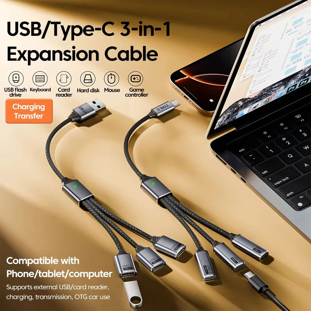 NNBILI 3 in 1 USB A/Type C Splitter HUB Expansion Cable Multi Port Expander Phone Charger  Adapter OTG Charging For Phone Table