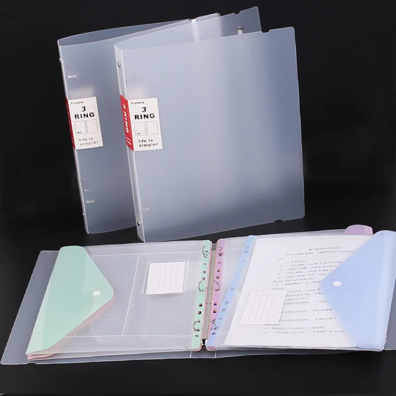 11-hole Loose-leaf File Bag, Transparent 3-hole Folder+6pcs Binder Pockets Document Pouch for Office and School Supply