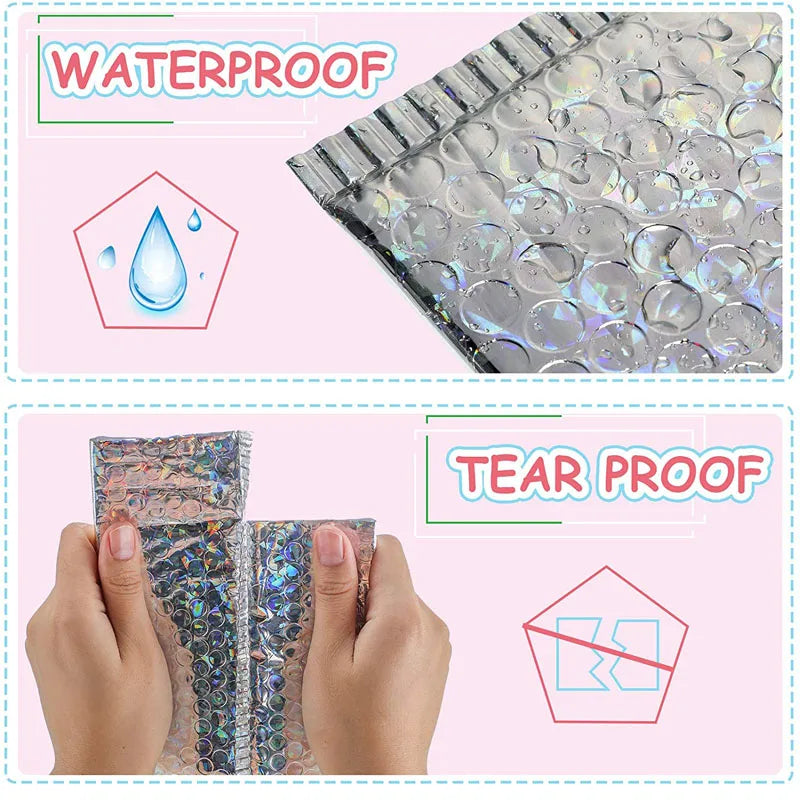 100Pcs Holographic Mailer Laser Silver Mailing Envelope Waterproof Courier Bag Padded Bubble Envelope Packaging Bag for Shipping