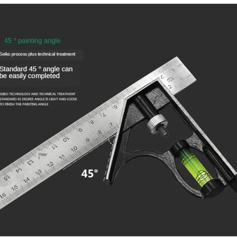 Woodworking Movable Combination Square 300mm Stainless Steel Ruler, Adjustable Horizontal Level, 45° Right Angle Measuring Gauge