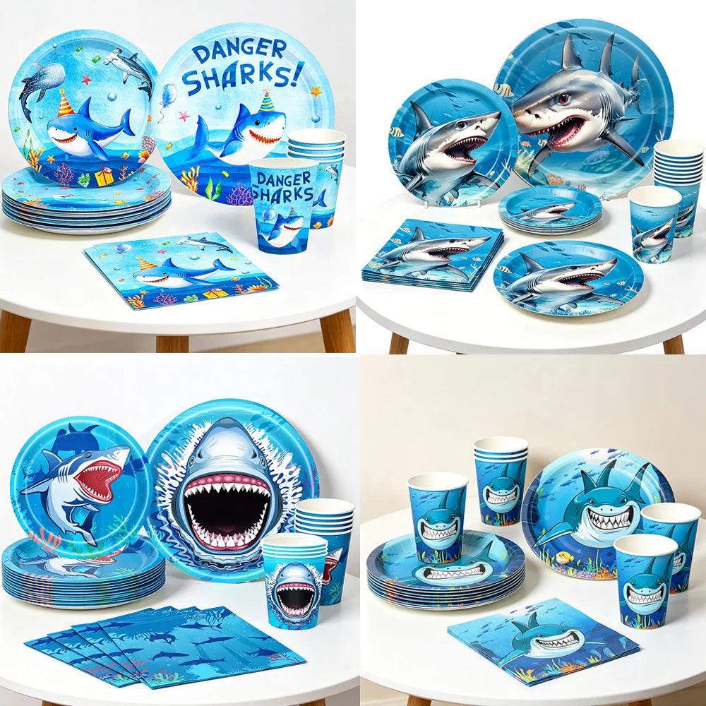 Ocean Shark Theme Disposable Tableware Cute Cartoon Marine Animal Plastic Tablecloth Kids Birthday Party Baby Shower Decor