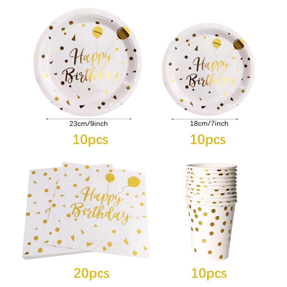 White Gold Birthday Disposable Tableware Polka Dots Paper Plate Cup Napkin Tablecloth Wedding Birthday Party Decoration Supplies