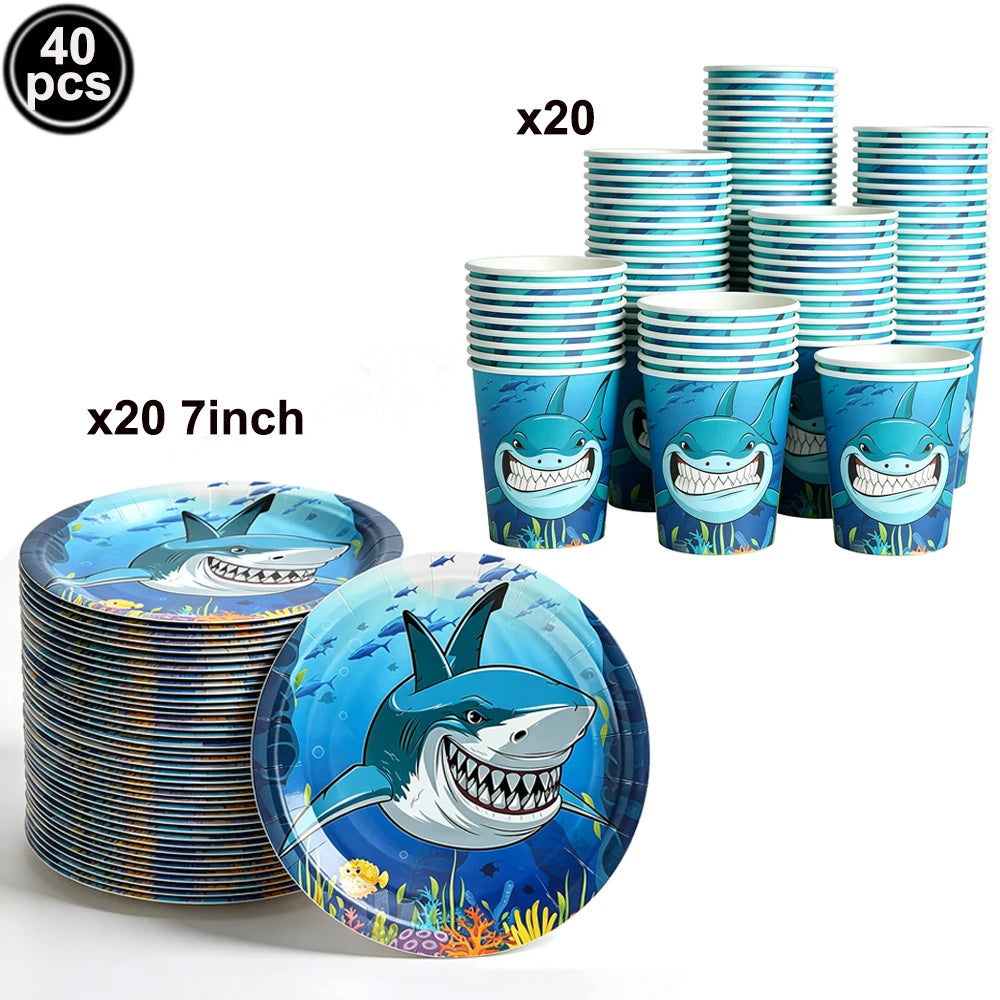 Ocean Shark Theme Disposable Tableware Cute Cartoon Marine Animal Plastic Tablecloth Kids Birthday Party Baby Shower Decor