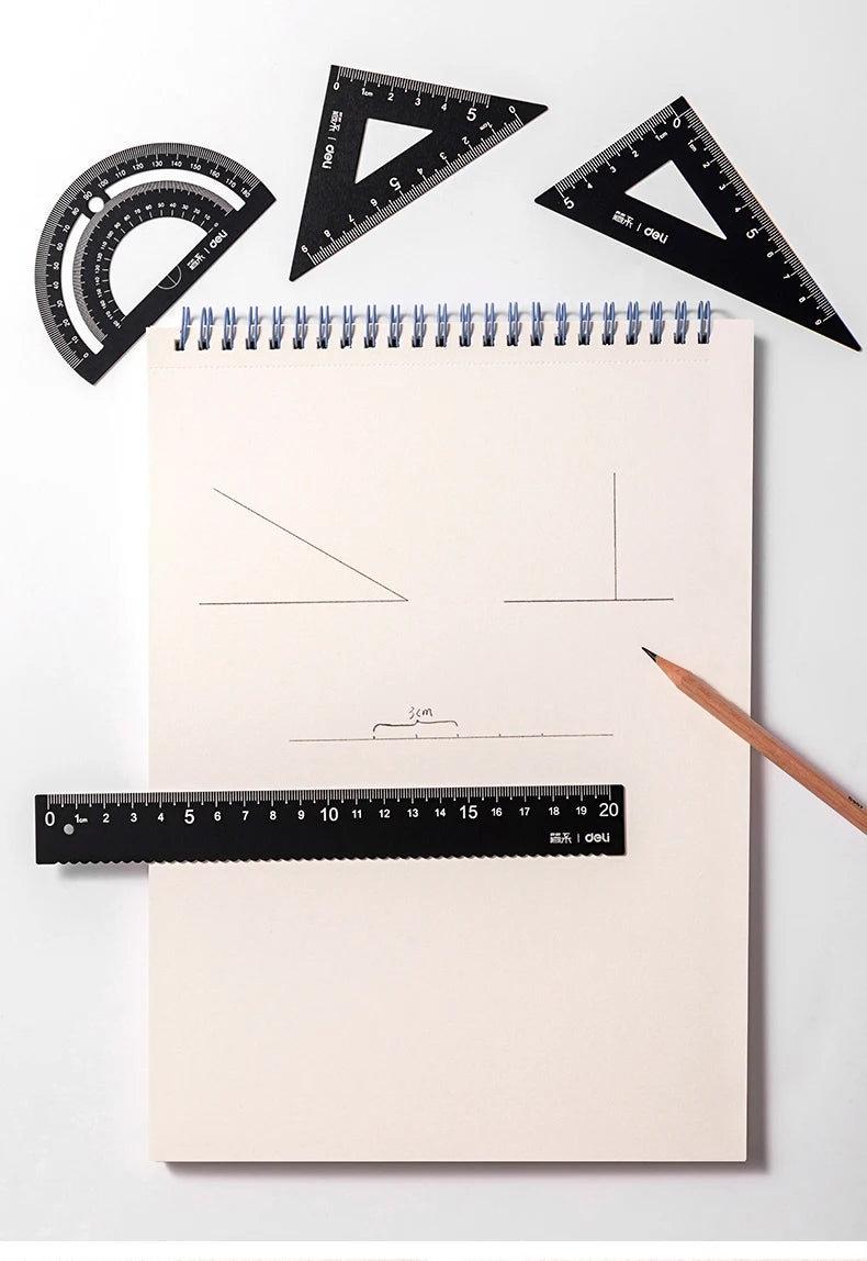 Deli 4Pcs Student Stationery Set Triangle Ruler Straight Ruler Grid Ruler Angle Measuring Tool Aluminum Alloy Material