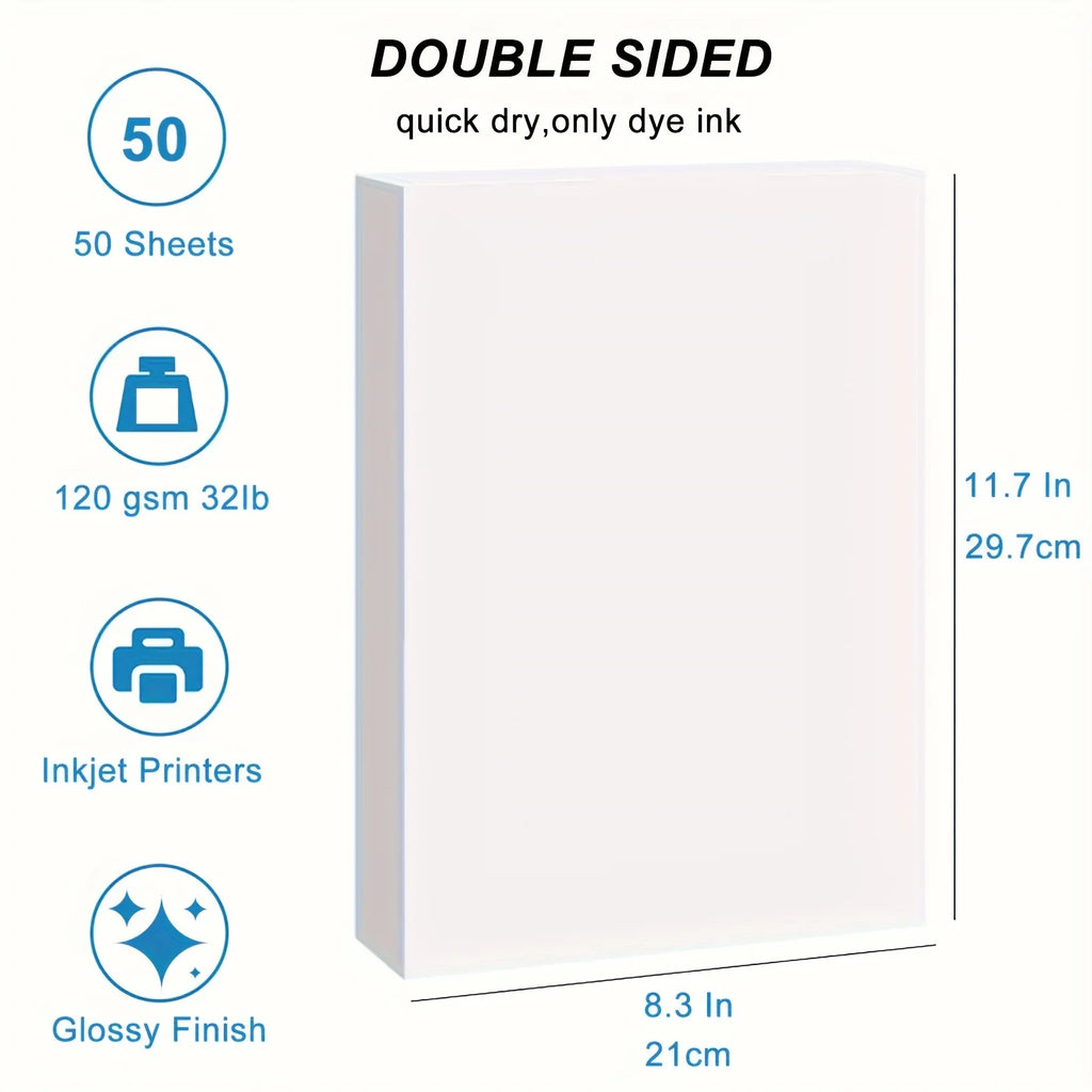 120GSM 50 Sheets A4 Double-Sided Photo Paper High Glossy Photographic Paper 8.3x11.7 Inch Compatible with Inkjet Printer