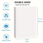 120GSM 50 Sheets A4 Double-Sided Photo Paper High Glossy Photographic Paper 8.3x11.7 Inch Compatible with Inkjet Printer