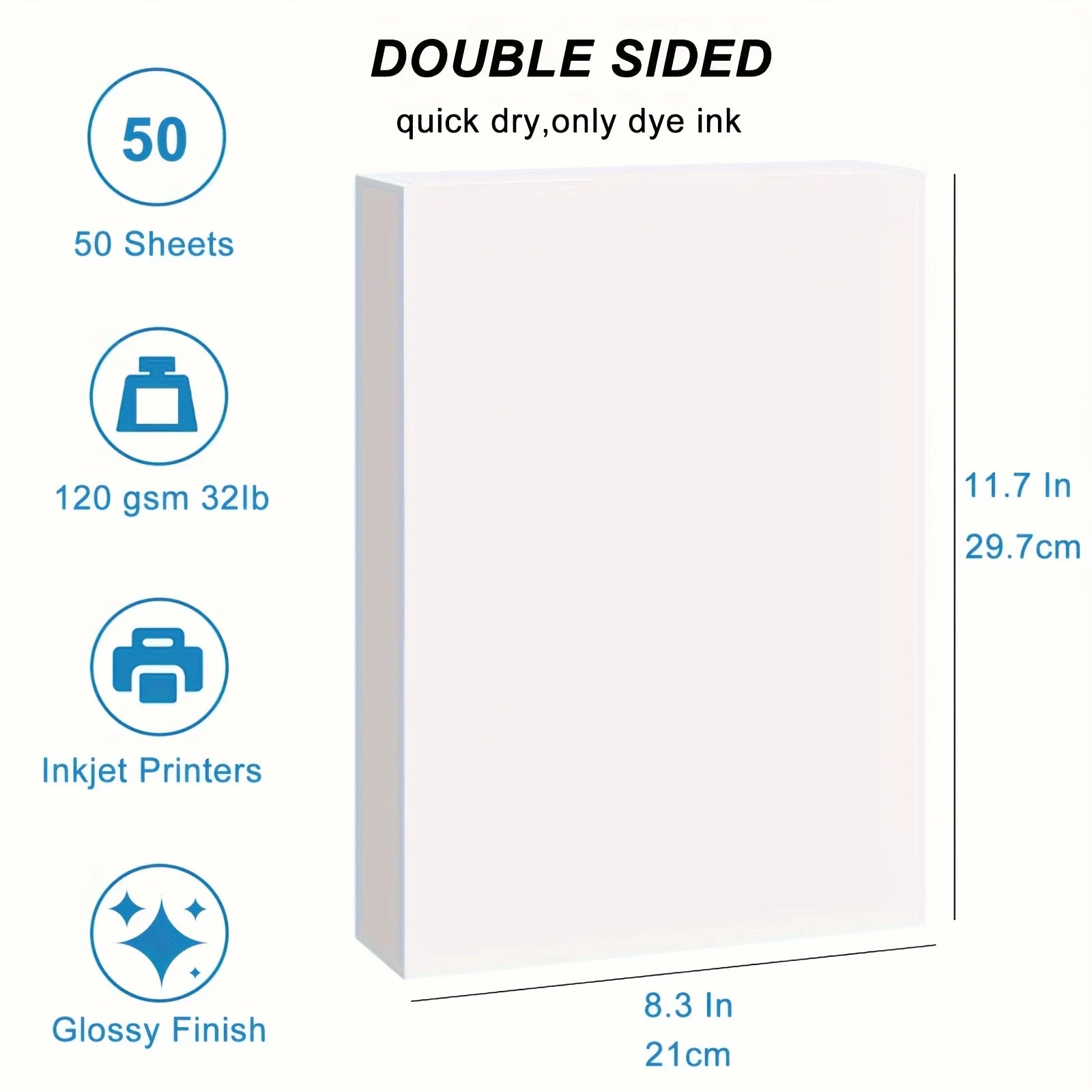 120GSM 50 Sheets A4 Double-Sided Photo Paper High Glossy Photographic Paper 8.3x11.7 Inch Compatible with Inkjet Printer