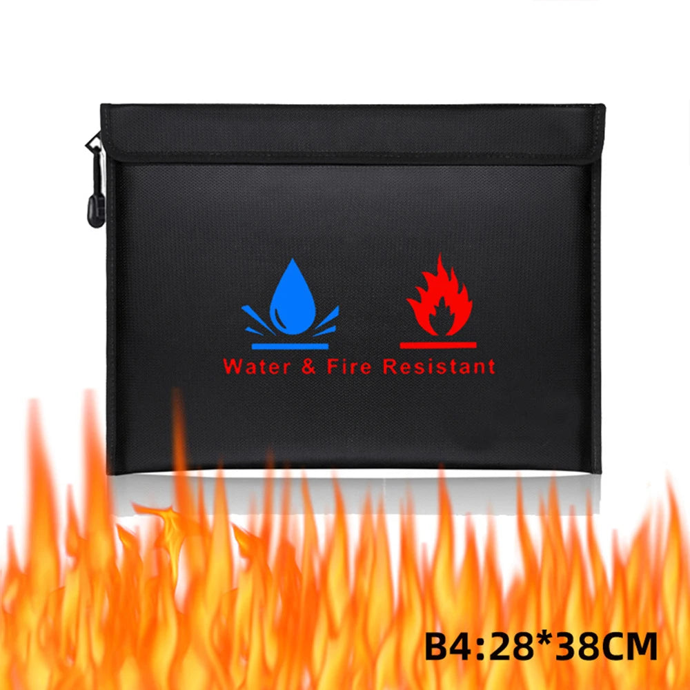 Fireproof & Waterproof Bag, File Storage Bag with Zipper Reusable Pouch for Certificates, Money, Cards (Black, Silver)