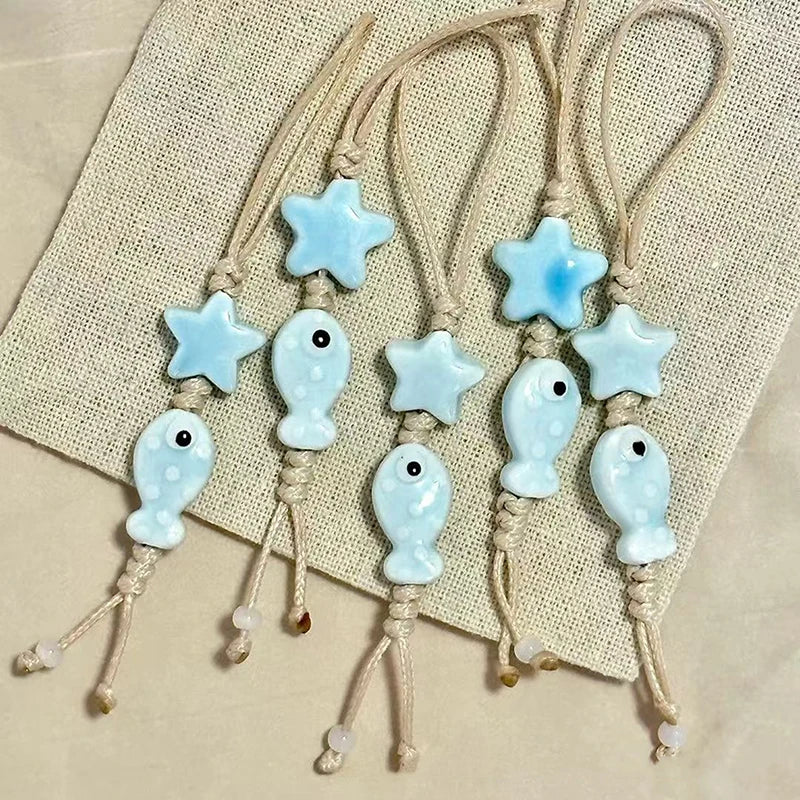 Cute Star Flower Mobile Phone Strap Kawaii Ceramic Beaded Mobile Phone Lanyard Bag Decoration Camera Pendant Fashion Keychain