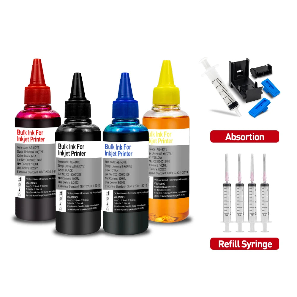 CRTBOTW Refill Dye Ink Kit For Canon HP Epson Brother Printer & Cartridge CISS Ink and refillable Compatible dye ink Eco tank