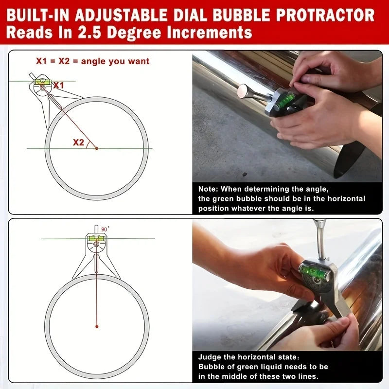 Pipe Center Finder Measure Adjustable Dial Bubble Protractor Measure Pipe Diameter Over 1/2" and Upand up With 4" Y Type Base