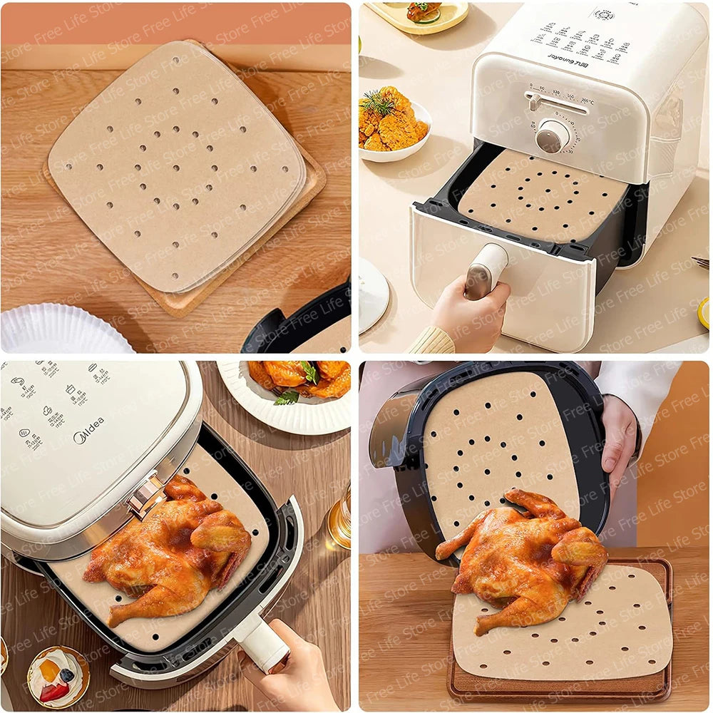 Air Fryer Disposable Paper Liners 23cm Square Perforated Parchment Paper Non-stick Greaseproof Paper for 7-12L Airfryer Steamer