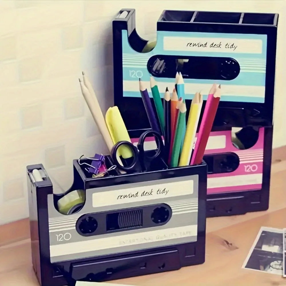 Retro Cassette Tape with Pen Holder 2 in 1 Vintage Desk Organizer for Office Home School Stationery Storage Tape Cutter Gifts