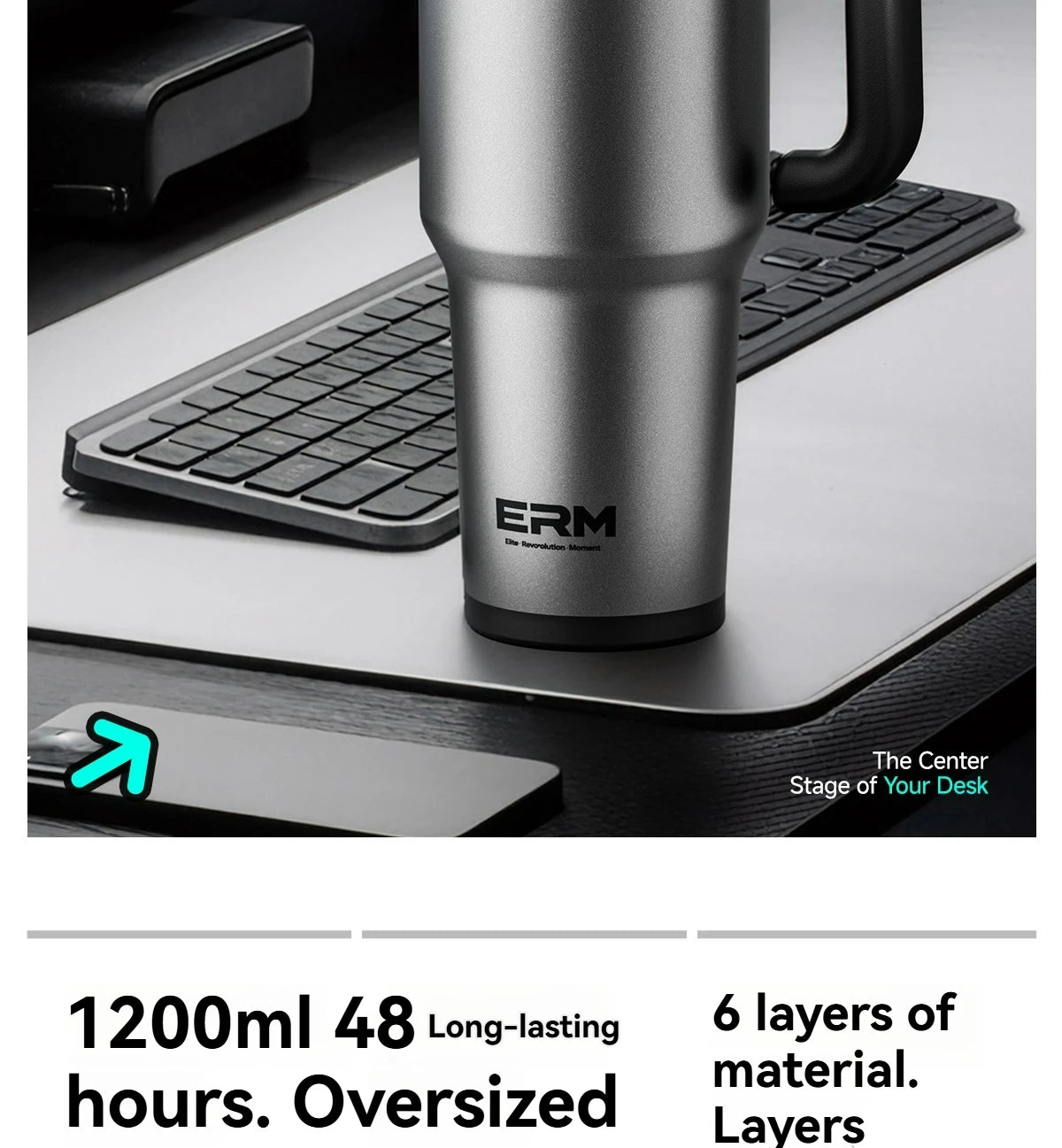 1200ML Extra Large Ceramic Tumbler Drinkware Stainless Steel Water Bottle Insulated Vacuum Flask Straw & Handle Leakproof