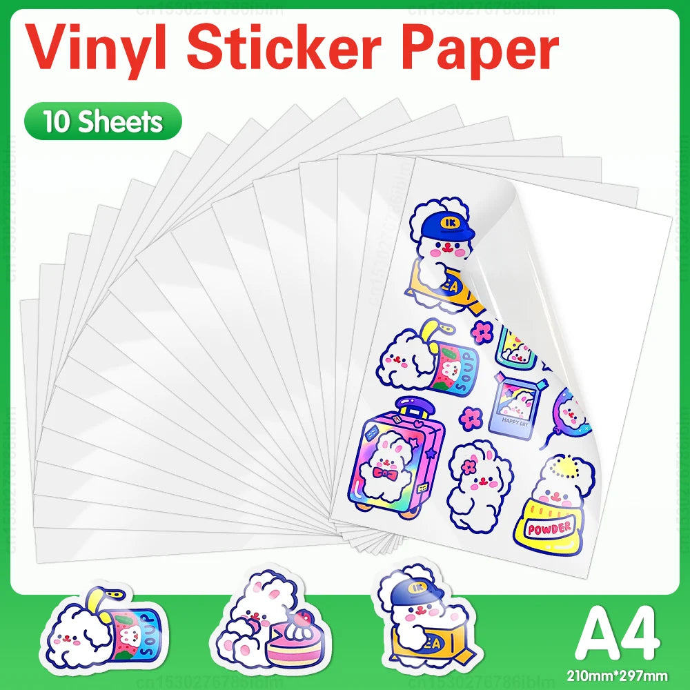 10 Sheets Printable Vinyl Sticker Paper Self-adhesive A4 Copy Paper DIY Holographic Transparent White Labels for Inkjet Printer