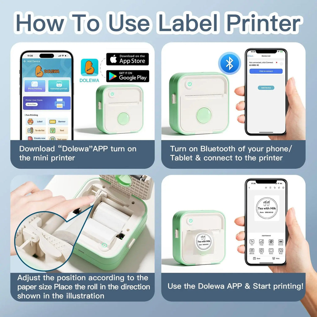 DOLEWA D5 Label Maker Inkless Sticker Printer 12-57mm Roll Paper Adjustable Thermal Pocket Printer for Photo Printing