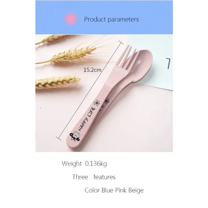 3Pcs/set Wheat Straw Baby Dishes Cartoon Tableware Set Kids Dinner Platos Baby Feeding Plate Training Bowl Spoon Fork Tableware