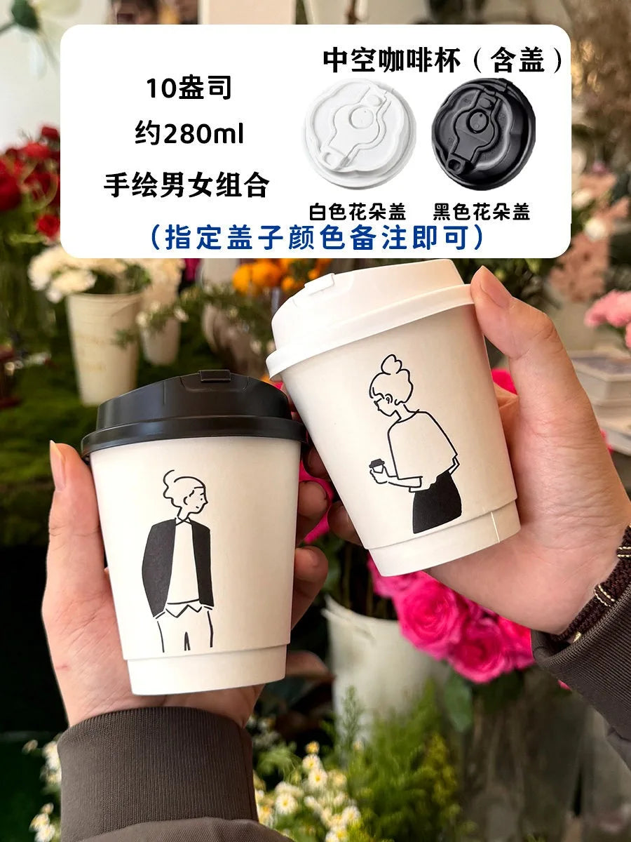 50 Sets of Coffee Packaging Cups Thickened and Heat-resistant Disposable Paper Cups Handdrawn Boys and Girls Juice Milk Mug