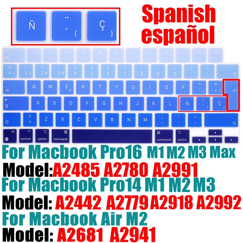 Spanish Keyboard Cover for MacBook Air 13.6 15.3 inch A2681 A2941 A2337 M3 M2 M1 Pro14" 16" A2442 A2779 A2918 A2992 A2485 A2991
