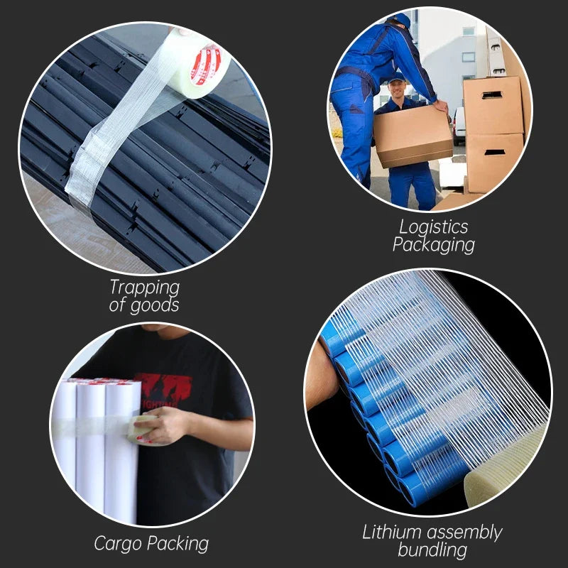 50M Striped Fiber Tape Lithium Battery Pack Insulation Wrap Fiberglass Transparent Single Side Adhesive Seal Packaging Fixed