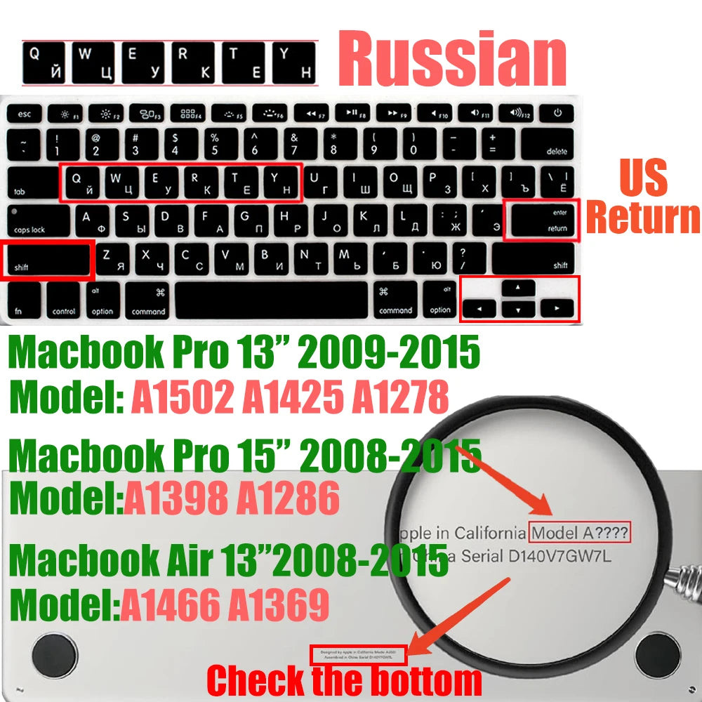 Russian Layout MacBook Pro Keyboard Cover 14" 16" M4 M3 M2 M1 Pro, MacBook Air 15" 13.6" M3 M2 Silicone Skin, US/EU Version